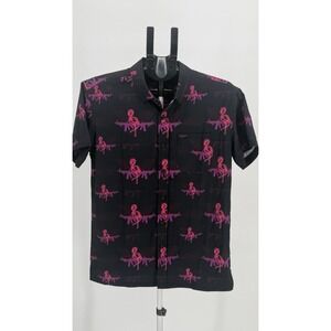 Retro Rifle Saws‎ & Do Flamingo Tropical Print Short Sleeve Button Shirt Men M